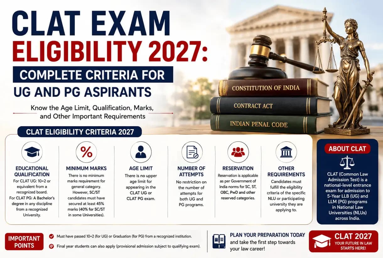 Infographic explaining CLAT exam eligibility 2027 for UG and PG law aspirants in India