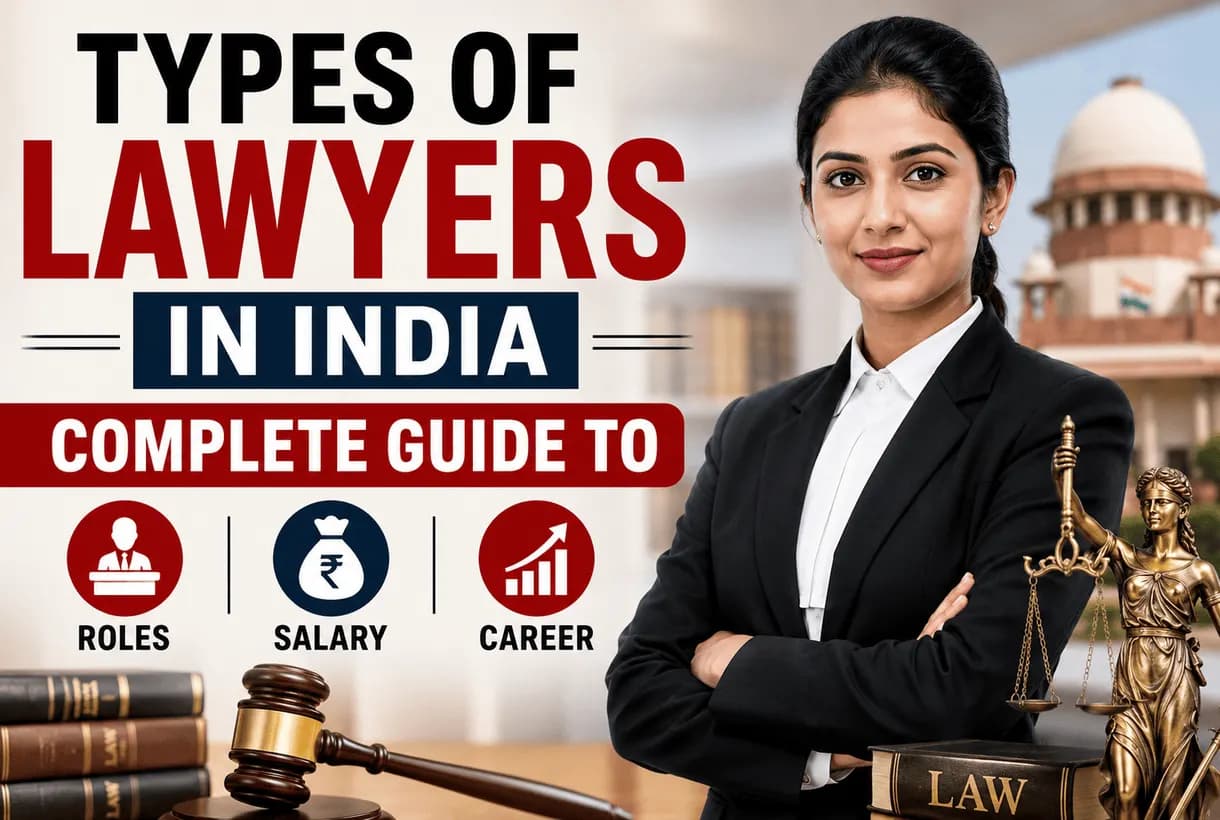 Infographic showing different types of lawyers in India with their specializations and legal practice areas
