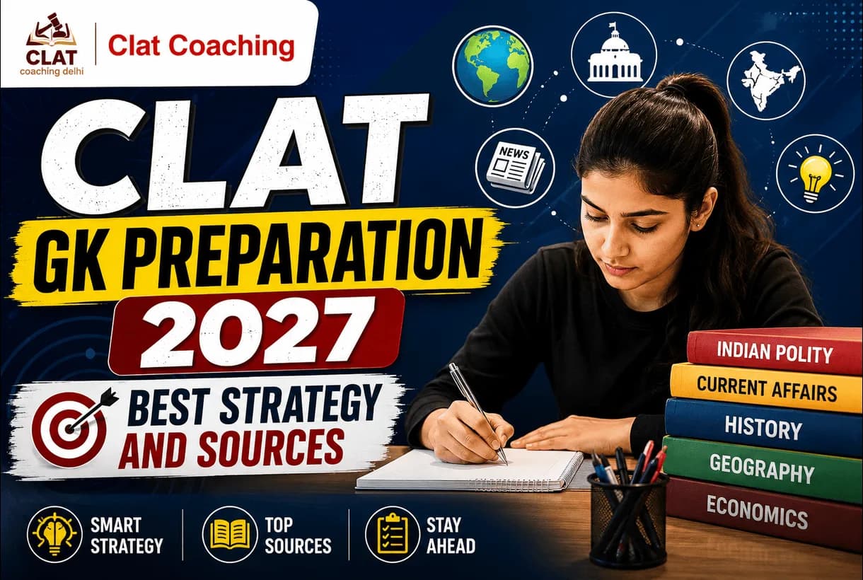 CLAT GK preparation guide showing current affairs sources, syllabus topics and a daily study routine