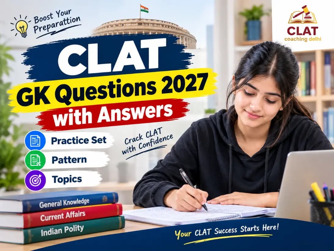 CLAT 2027 aspirant solving passage-based GK practice questions with an answer sheet